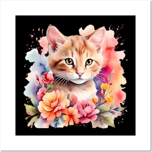 A cat decorated with beautiful watercolor flowers Posters and Art